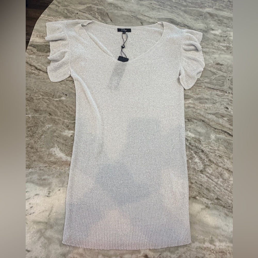 ONLY Silver Lurex Shimmer Knit Top Medium NWT Ruffle Sleeve V Neck Sweater